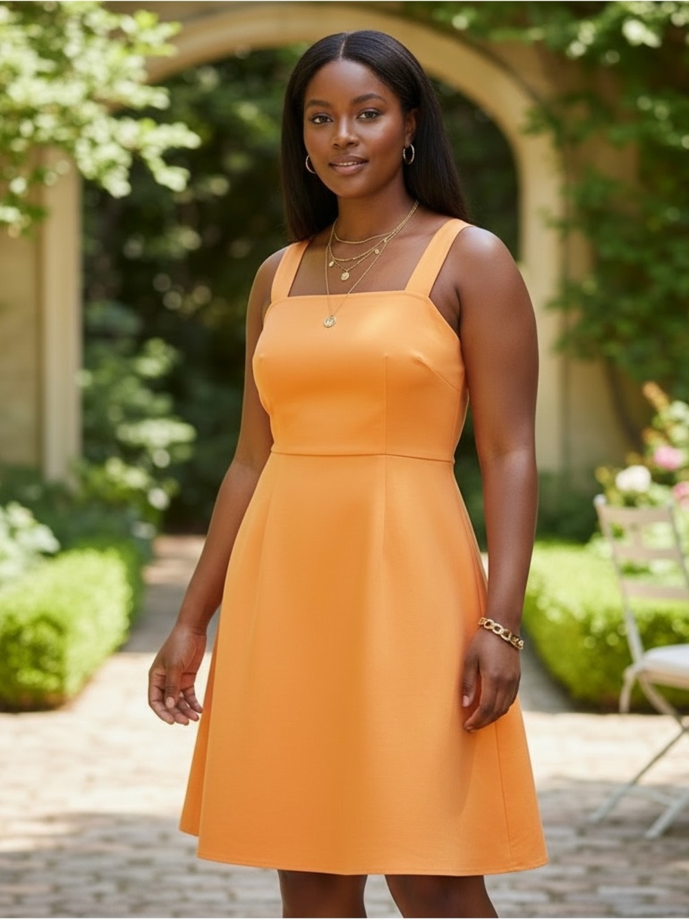 Sleeveless Square-Neck A-Line Stretch Linen Dress in Orange